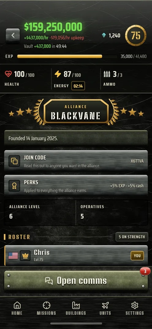 Alliance screen showing the join code, alliance perks, and a roster of members.