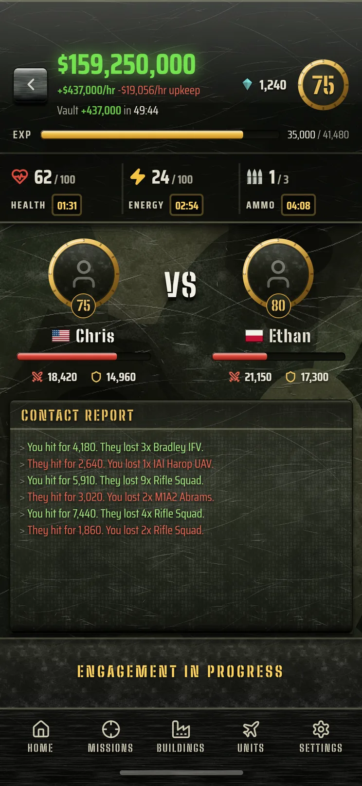 Arena screen mid-battle, showing two commanders facing off with a live combat log of the engagement.