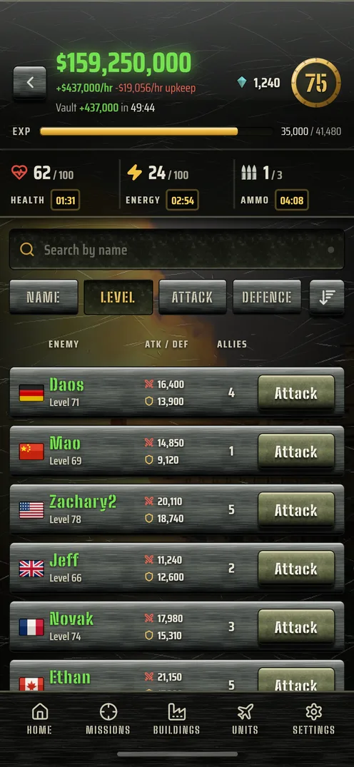 Battle list showing a searchable roster of enemy commanders with their attack and defence ratings and an Attack button for each.