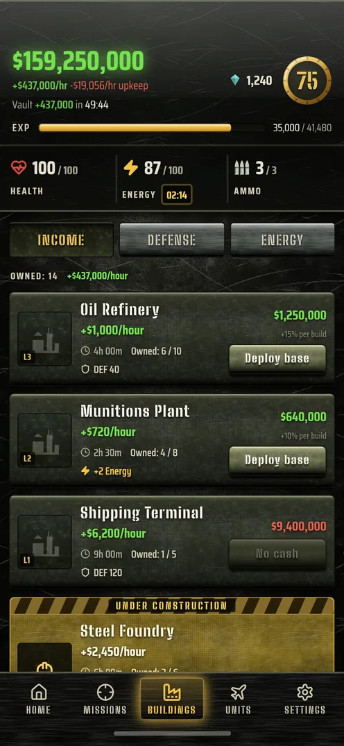 Buildings screen listing income buildings with hourly earnings, construction timers, and a Deploy base button.