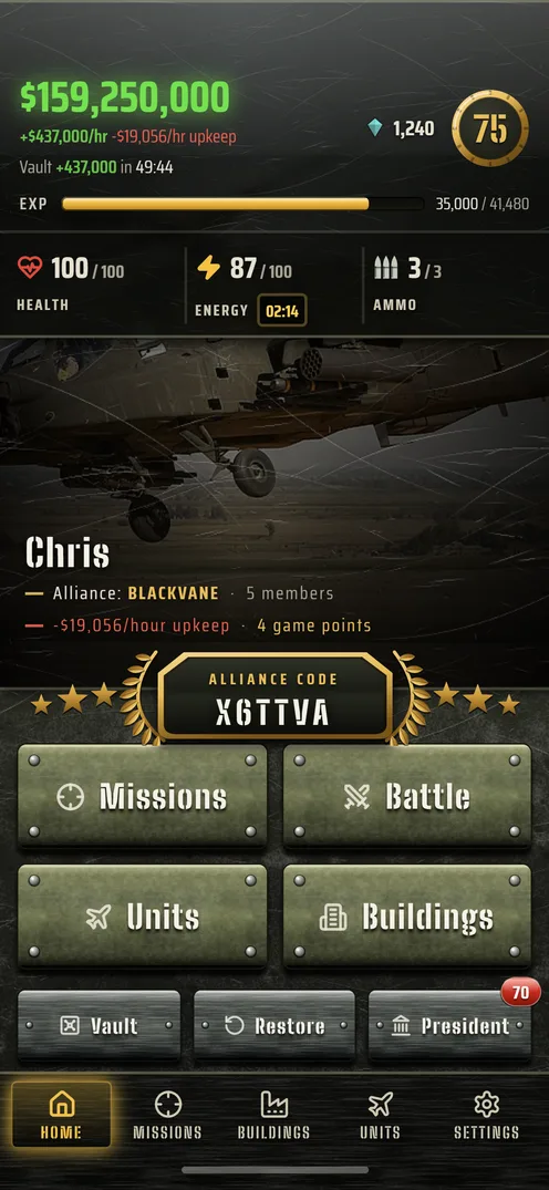 Home screen showing cash balance, resource meters, and quick-access buttons for Missions, Battle, Units, Buildings, Vault, Restore, and President.