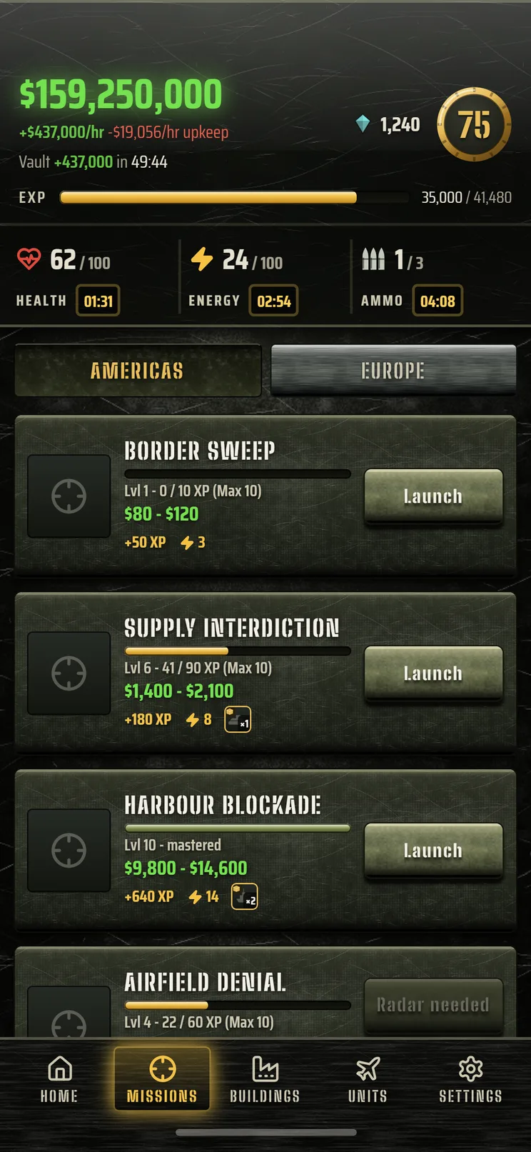 Missions screen listing operations by region with cash and XP rewards, energy cost, and a Launch operation button.