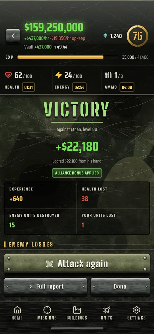 Victory results screen showing cash looted, experience gained, and enemy units destroyed.