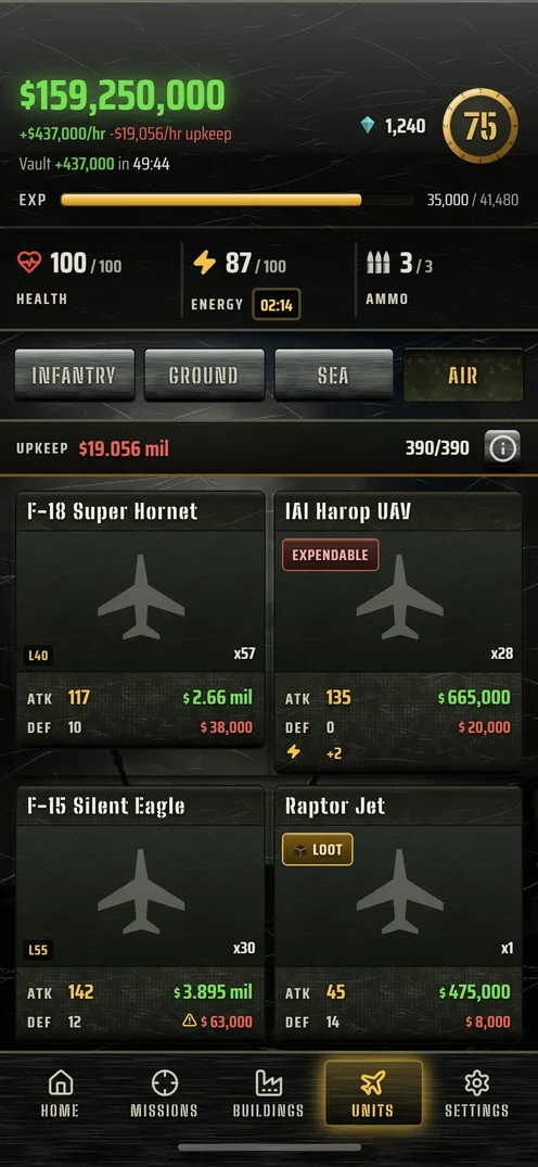 Units screen showing the air fleet with aircraft counts, attack and defence stats, and upkeep costs.